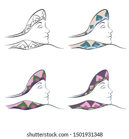 Profile of a girl lying with her eyes closed, decorated with colorful ornaments. Logo for beauty salons, massage parlors.