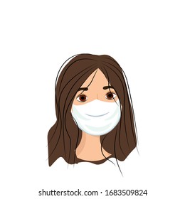 Profile of a girl in a medical mask isolated on white background. Precautions against virus, air pollution, smog. Nursing staff in a flat style. Outbreak Defense. Stock vector illustration for design.