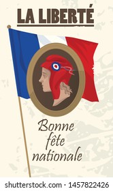 Profile of a girl in a Phrygian cap on the background of the flag of France. Happy Bastille Day. Vector illustration.