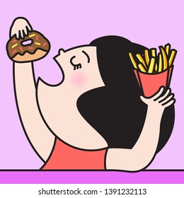 Profile Girl Sitting With Closed Eyes And Enjoy Eating Donut And French Fries Concept Card Character illustration