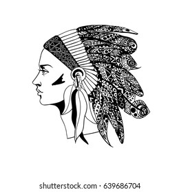 The profile of a girl in traditional headdress of an Indian chief with decorative feathers. Vector illustration