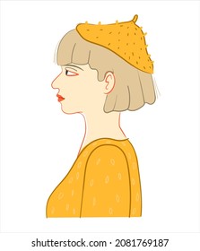 profile of a girl in yellow clothes with a yellow beret on her head