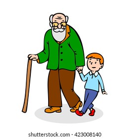 Profile grandchild isolated stick two fun boy adult vector caricature male character grandfather outside old drawing elder walk portrait beard funny support elderly illustration pension lifestyle 