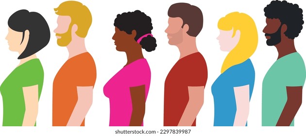 Grupo de perfiles de hombres y mujeres de diferentes etnias, ilustración de concepto multiracial