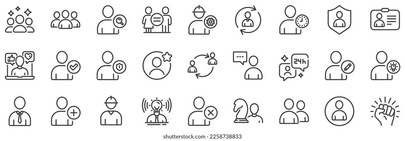 Profile, Group of people and Support signs. Users line icons. ID card, Teamwork people and Businessman user symbols. Person talk, Engineer profile and Human Management. Job support. Vector