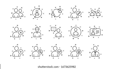 Perfil, Grupo y Soporte. Iconos de línea de persona de usuario. Conjunto de iconos lineales de personas. Elementos geométricos. Señales de calidad. Vector
