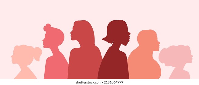 Profile group of women. Crowd of abstract silhouettes. Feminism and female power. Poster for international holiday. Unity and equality, tolerance and advanced society. Cartoon flat vector illustration