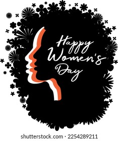 profile Group of Women different races profile in different shades black background of flowers, Happy
 Women's Day card, diversity vector illustration	