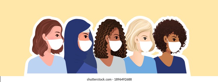 Profile Group Of Women Of Diverse Culture. Diversity Multi-ethnic And Multiracial People. Concept Of Racial Equality And Anti-racism. Multicultural Society. Women Wearing Surgical Face Mask. Vector