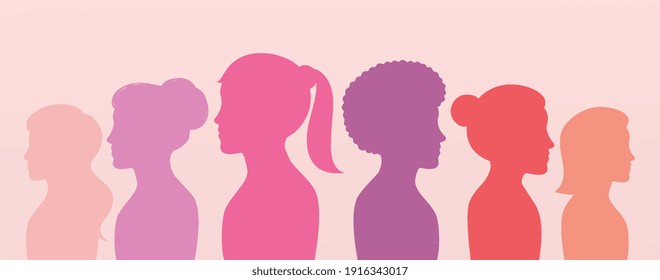 Profile group of women, side view. Multicultural society female for women's issues, concept equality and friendship.