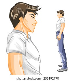 Profile of handsome young man. Guy in trousers and  shirt at full length. Tracing of aquarelle imitation. Isolated vector watercolor on white background