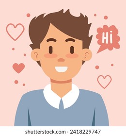 Profile of a happy and lovestruck teenage university boy saying "HI," cartoon with hearts around, both filled and outlined. Vector illustration.