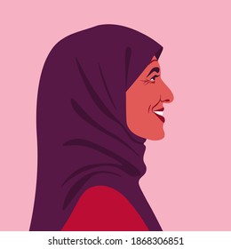 Profile of a happy muslim woman. Side view of an Arab grandmother in headscarf. Avatar of an elderly teacher. Vector flat illustration