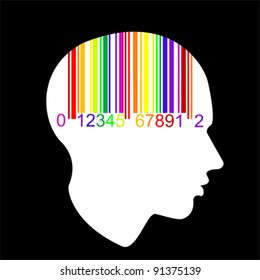 Profile head with barcode brain, flat icon