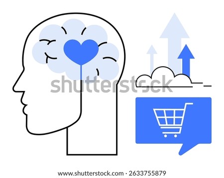 Profile of head with brain containing heart shape, shopping cart symbol in speech bubble, upward arrows. Ideal for psychological analysis, consumer behavior, marketing strategies, emotional