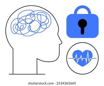 Profile of a head with brain lines, lock symbol, and heart with pulse line. Ideal for mental health, security, healthcare, brain function, stress management. Simple, modern, clean style