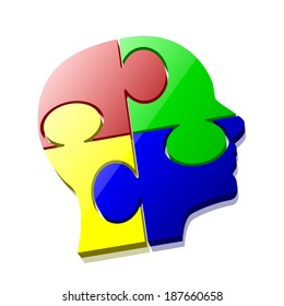 Profile of a head containing coloured jigsaw/puzzle pieces 