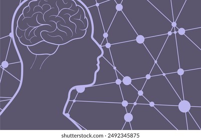 Profile of the head of a man. Brochure template. Mental health and artificial intelligence relative design. Scientific medical background. Connected lines with dots.