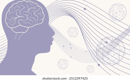 Perfil da cabeça de um homem. Modelo de folheto. Saúde mental e design relativo de inteligência artificial. Experiência médica científica. Linhas conectadas com pontos.