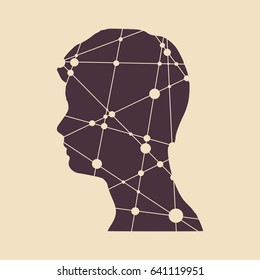 Profile of the head of a man. Mental health relative vector brochure, report or flyer design template. Scientific medical designs. Molecule And Communication Background. Connected lines with dots.