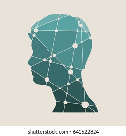 Profile of the head of a man. Mental health relative design template. Scientific medical designs. Molecule And Communication Background. Connected lines with dots.