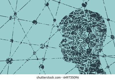 Profile of the head of a man. Mental health relative vector brochure design template. Scientific medical designs. Molecule Communication Background. Connected lines with dots. Grunge cracked texture