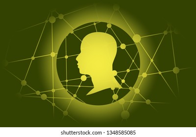 Profile of the head of a man. Scientific medical design. Molecule and communication pattern. Round icon with texture from connected lines with dots.
