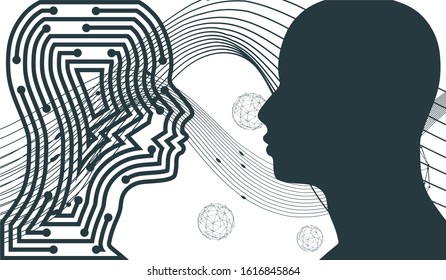 Profile of the head of a man. Scientific medical designs. Connected lines with dots. Robotics industry concept. Human and robot relationships