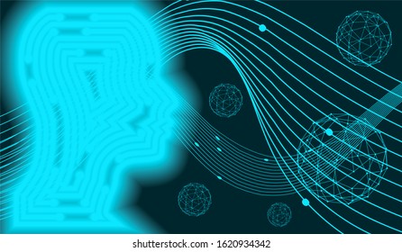 Profile of the head of a man. Scientific medical designs. Connected lines with dots. Robotics industry concept