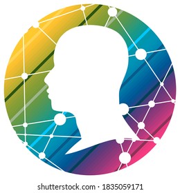 Profile of the head of a man. Scientific medical design. Molecule and communication pattern. Round icon with texture from connected lines with dots.