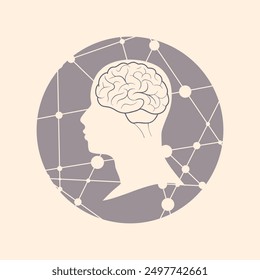 Profile of the head of a man. Scientific medical design. Molecule and communication pattern. Round icon with texture from connected lines with dots.