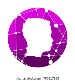 Profile of the head of a man. Scientific medical design. Molecule and communication pattern. Round icon with texture from connected lines with dots.