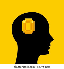 profile head with pixel gold coin inside over yellow background. vector illustration