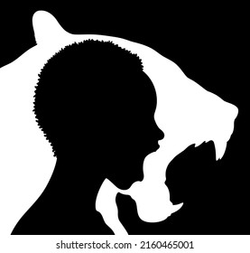 Profile head silhouette of angry woman with short hairstyle, superimposed on silhouette of roaring lioness. African American screaming woman.