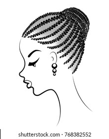 Profile of the head of a sweet lady. An African American girl shows a hairstyle for long and medium hair. Silhouette, beautiful and stylish woman. Vector illustration.