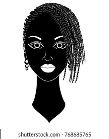 Profile of the head of a sweet lady. An African American girl shows her hairstyle on medium and short hair. Silhouette, beautiful and stylish woman. Vector illustration.