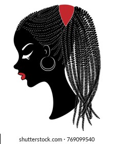 Profile of the head of a sweet lady. An African American girl shows a hairstyle for long and medium hair. Silhouette of a beautiful and stylish woman. Vector illustration.