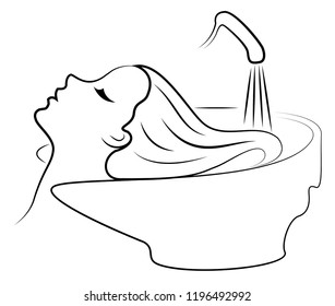 Profile of the head of a sweet lady. The girl in the beauty salon. A woman washes her hair in a hairdresser’s car wash. Vector illustration.