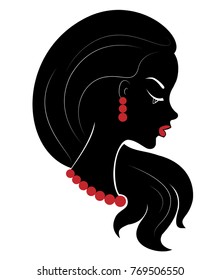 Profile of the head of a sweet lady. The girl shows her hair on long and medium hair. Silhouette Women are beautiful and stylish. Vector illustration.