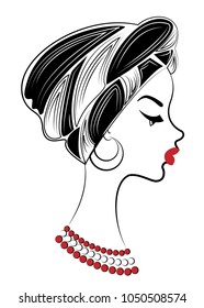 Profile of the head of a sweet lady. On the head of an African-American girl is a knitted shawl, a turban. The woman is beautiful and stylish. Vector illustration.