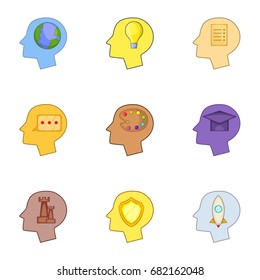 Profile of the head with thoughts about studying icons set. Cartoon set of 9 profile of the head with thoughts about studying vector icons for web isolated on white background