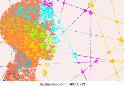 Profile of the head of a woman. Mental health relative brochure design. Scientific medical designs. Molecule and communication background. Connected lines with dots. Grunge cracked texture avatar