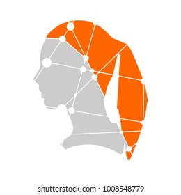 Profile of the head of a woman. Scientific medical design. Molecule and communication style design of the icon. Connected lines with dots.