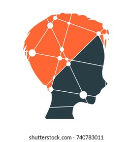 Profile of the head of a woman. Scientific medical design. Molecule and communication style design of the icon. Connected lines with dots.