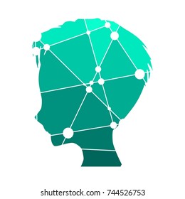 Profile of the head of a woman. Scientific medical design. Molecule and communication style design of the icon. Connected lines with dots.