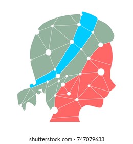 Profile of the head of a woman. Scientific medical design. Molecule and communication style design of the icon. Connected lines with dots.