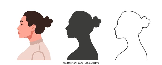 Profile of the head. Woman's face from the side. Silhouettes of people in three different styles. Face profile. Vector illustration