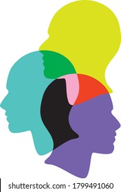 Profile Heads Overlapping In Colourful Graphic Illustration. Community Or Team Work, Mental Health, Thinking, Connection, Coming Together Icon Logo Design.