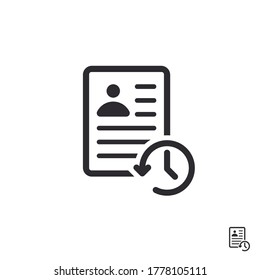 Profile history. Document history. Profile icon. Document icon. Paper icon. History icon. History line. Vector timer. Countdown time. Clock sign. Id card. Turn the time. Application form. Personal 