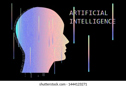 Profile holographic silhouette of a human. Conceptual image of AI (artificial intelligence), VR (virtual reality), Deep Learning  and Face recognition systems. Cyberpunk style vector illustration.